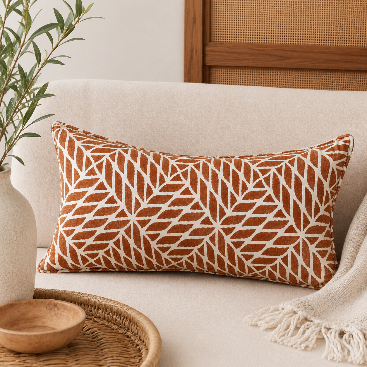 Ambiance du coussin rectangulaire fleuri terracotta et écru à motifs géométriques, en tissu d’ameublement haut de gamme, vendu avec rembourrage.