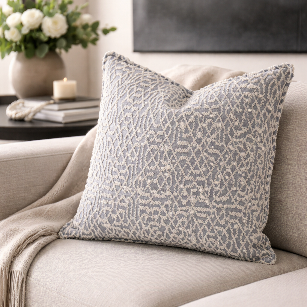 Coussin décoratif en bouclette à motif double face bleu 50x50cm