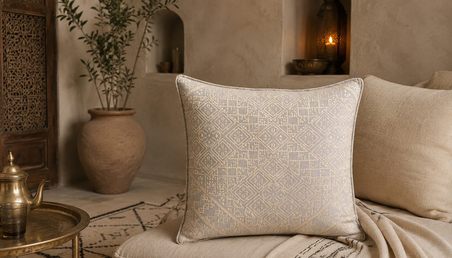 Coussin néobeldi gris clair à motif géométrique marocain tissé en relief dans un salon moderne aux tons naturels – Biyadi Collection.