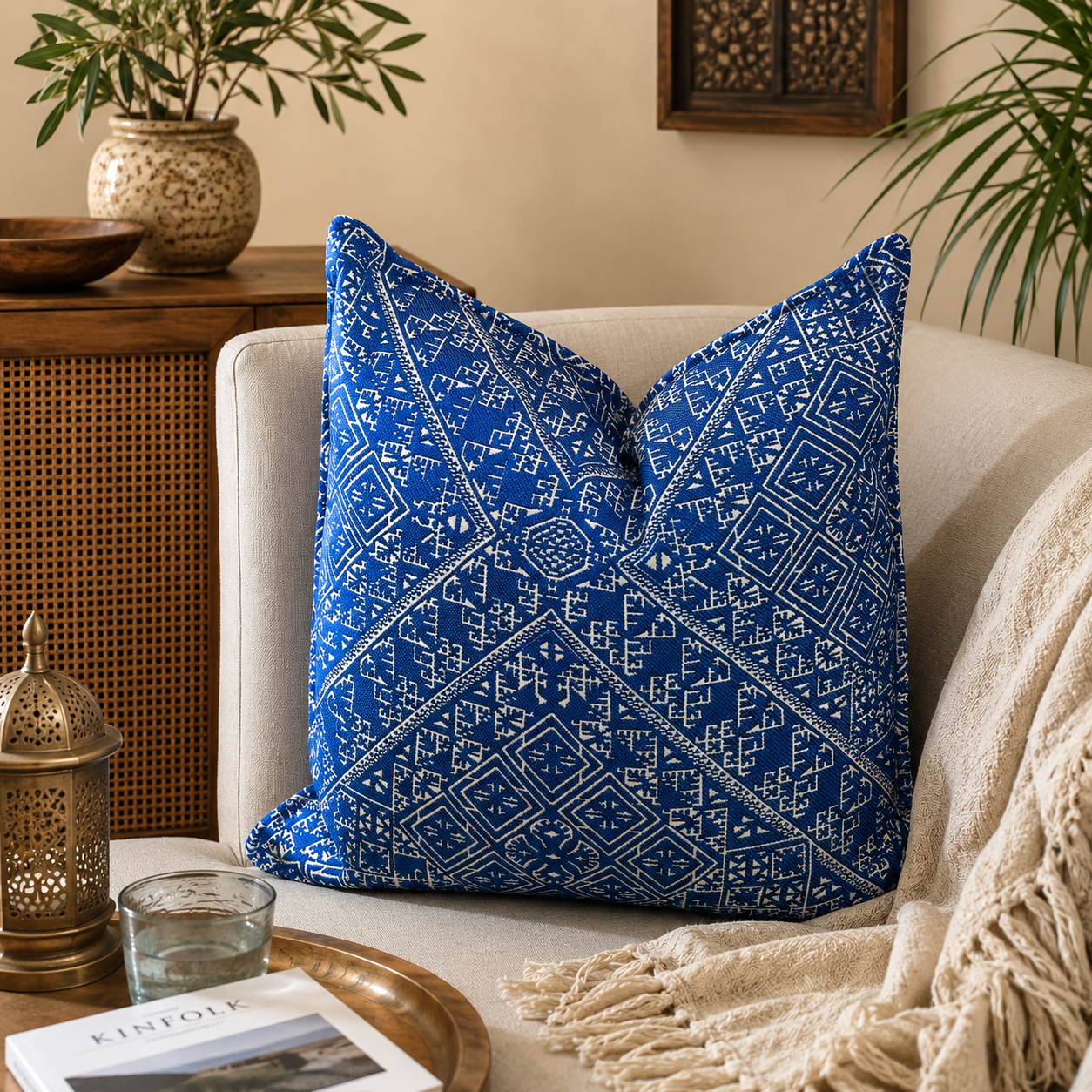 Coussin bleu royal à motif géométrique marocain dans une ambiance néobeldi élégante avec décoration naturelle et canapé beige – Biyadi Collection.