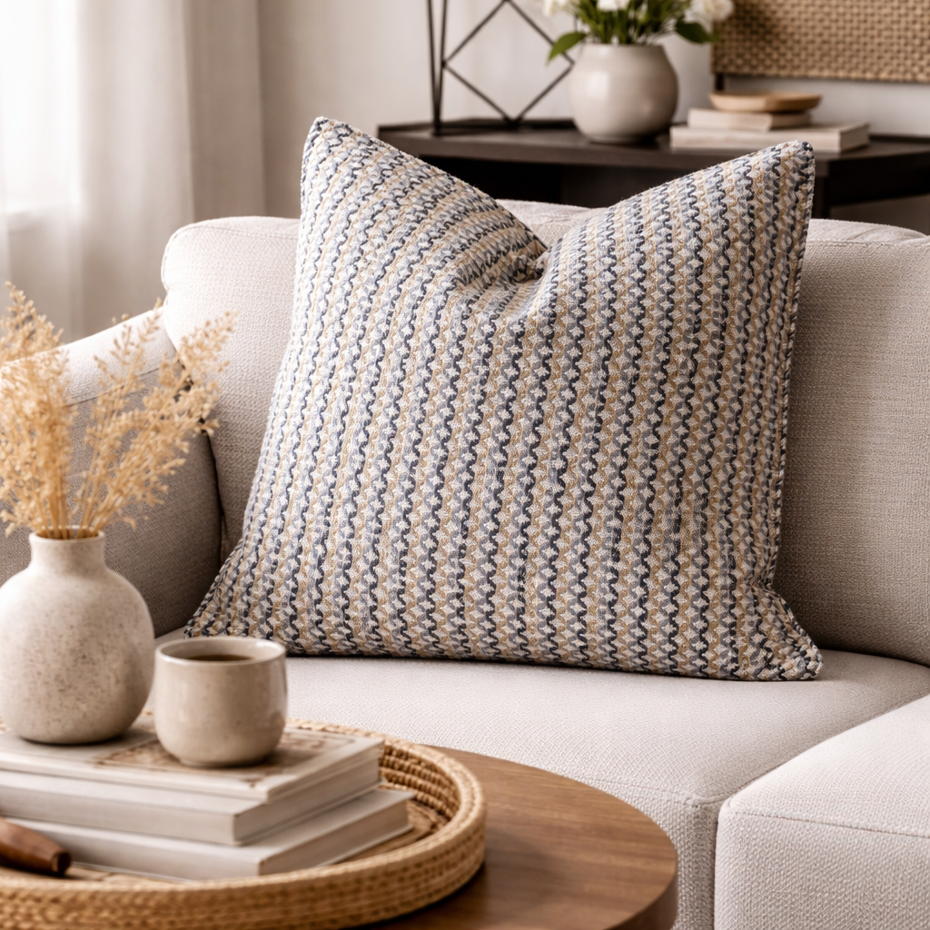 Coussin décoratif motif géométrique bleu et sable