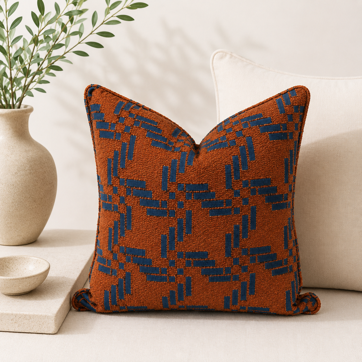 Coussin décoratif à motifs géométriques Terracotta & Navy Blue