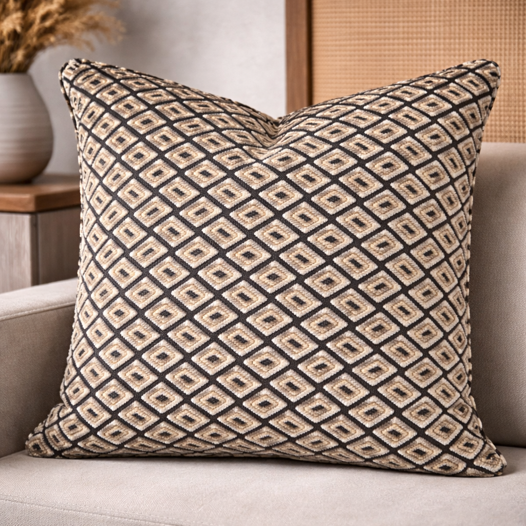 Coussin décoratif noir et écru à motif géométrique en relief, disposé sur un canapé beige dans une ambiance intérieure moderne et élégante.