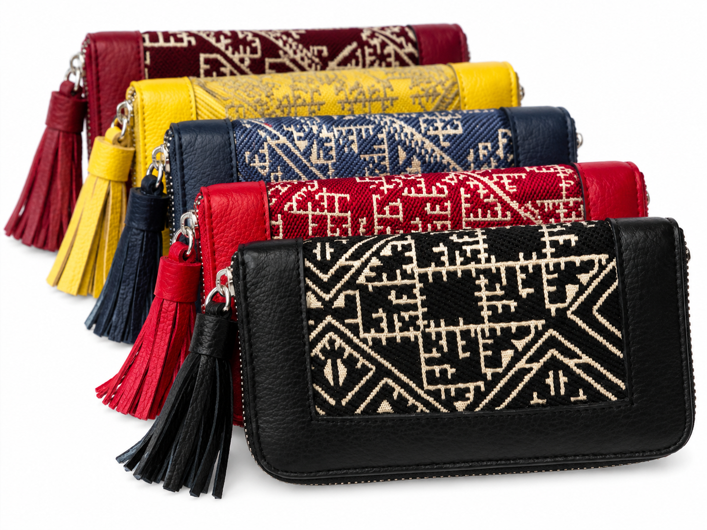 Collection de portefeuilles zippés en tissu Tarz tissé au Maroc, disponibles en noir, rouge, bleu, jaune et bordeaux – Biyadi Collection