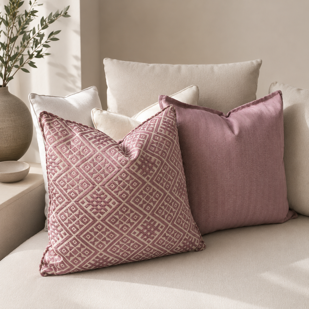 Composition de coussins rose et beige dans un salon élégant et lumineux au style moderne et raffiné.