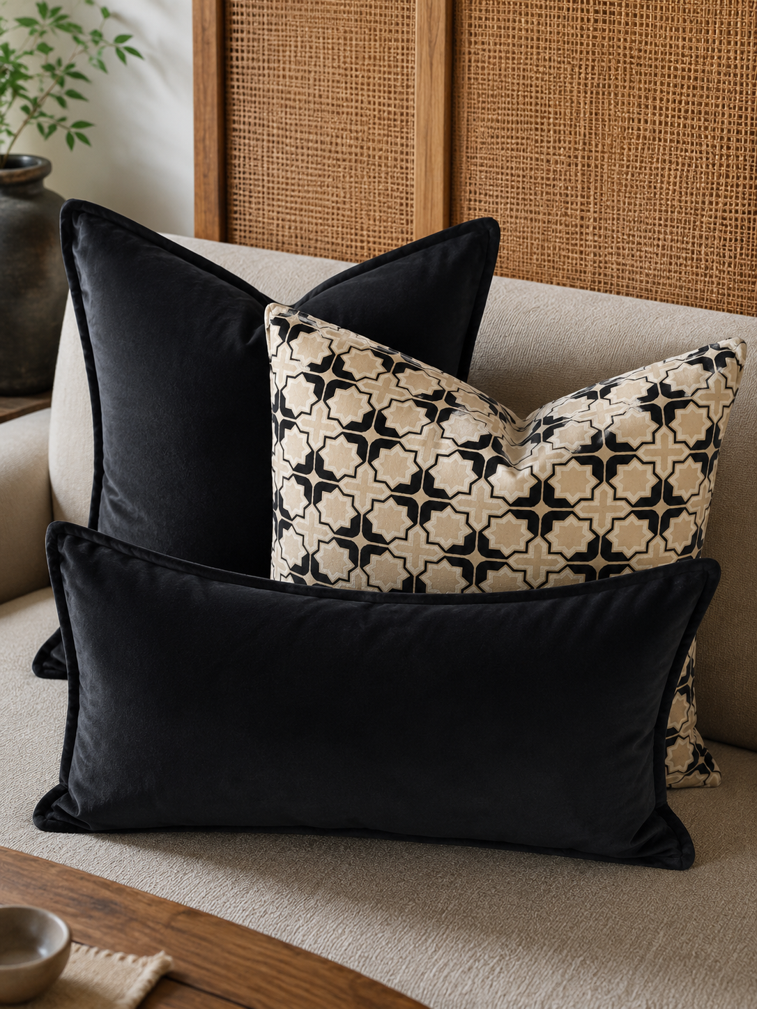 Composition de coussins décoratifs sur un canapé beige, avec deux coussins en velours noir et un coussin à motif géométrique noir, beige et écru. Une mise en scène élégante et contemporaine pour un salon raffiné.