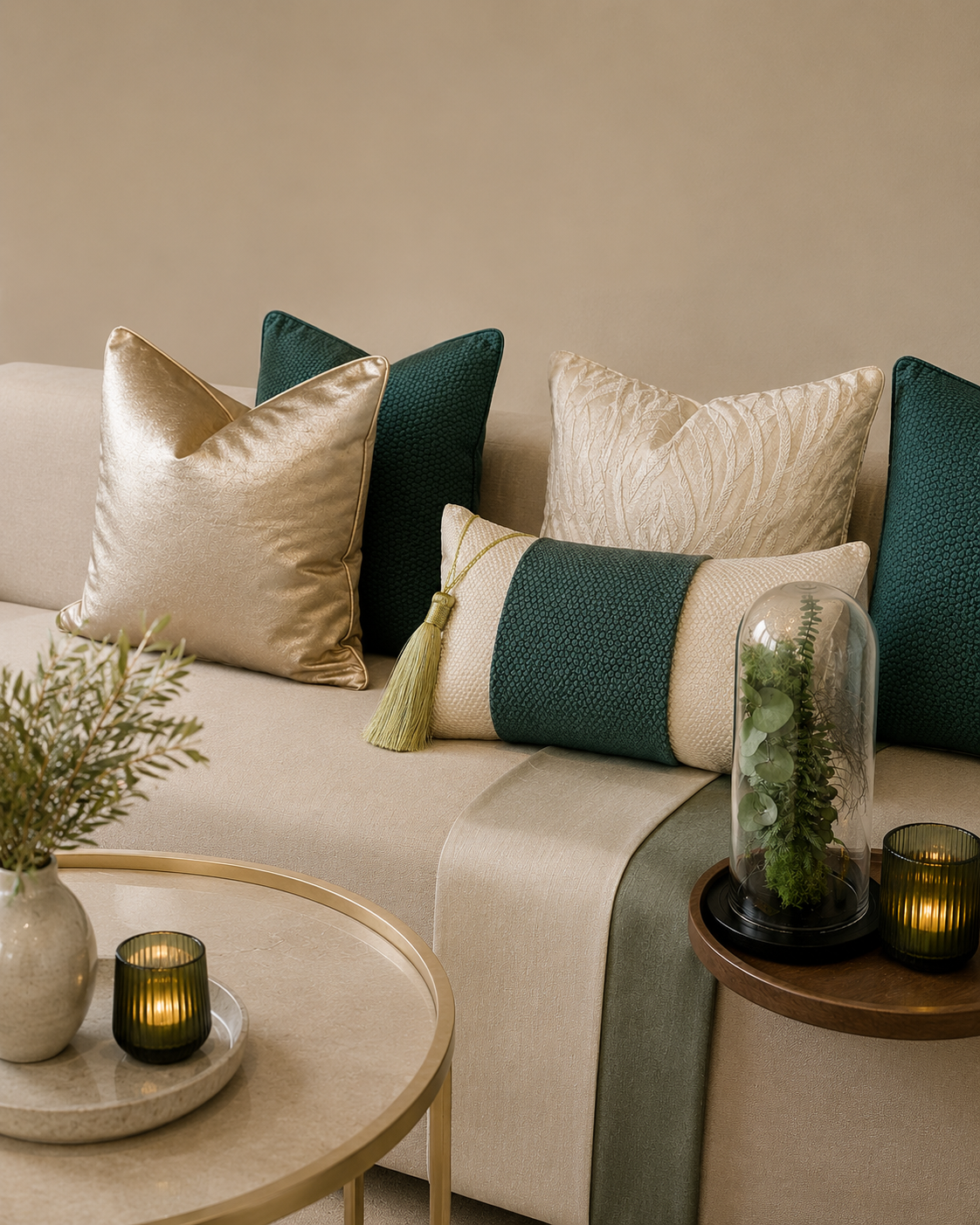 Composition élégante de coussins vert émeraude, champagne et écru sur un salon moderne. Coussins décoratifs en bouclette coordonnés avec passementerie et accessoires raffinés pour une décoration haut de gamme.