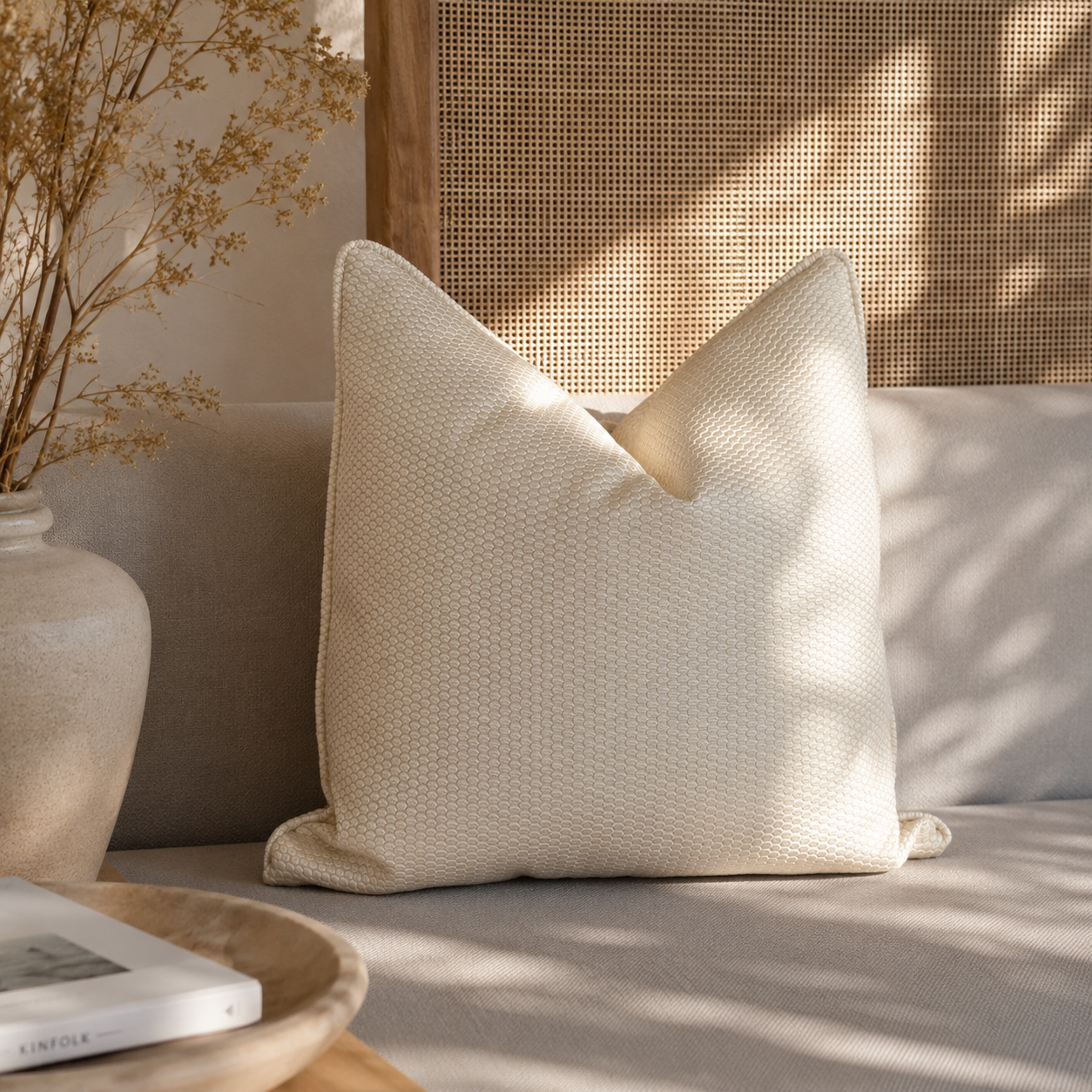 Coussin écru texturé en relief dans une ambiance chic et minimaliste, posé sur un canapé beige avec décoration naturelle et cannage.