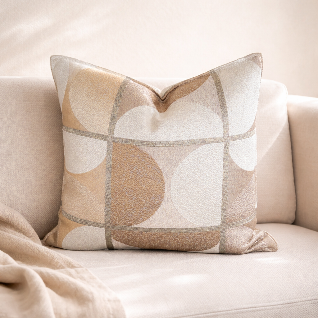 Coussin décoratif beige motif géométrique à cercles en tissu marocain tissé, idéal pour un salon moderne et une décoration intérieure haut de gamme