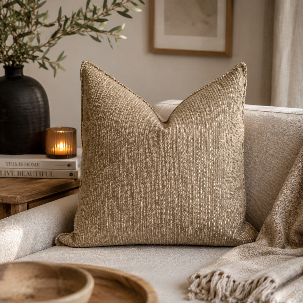 Coussin décoratif beige texturé à fines rayures dans une ambiance chaleureuse et naturelle, posé sur un canapé clair avec décoration élégante et tons neutres.