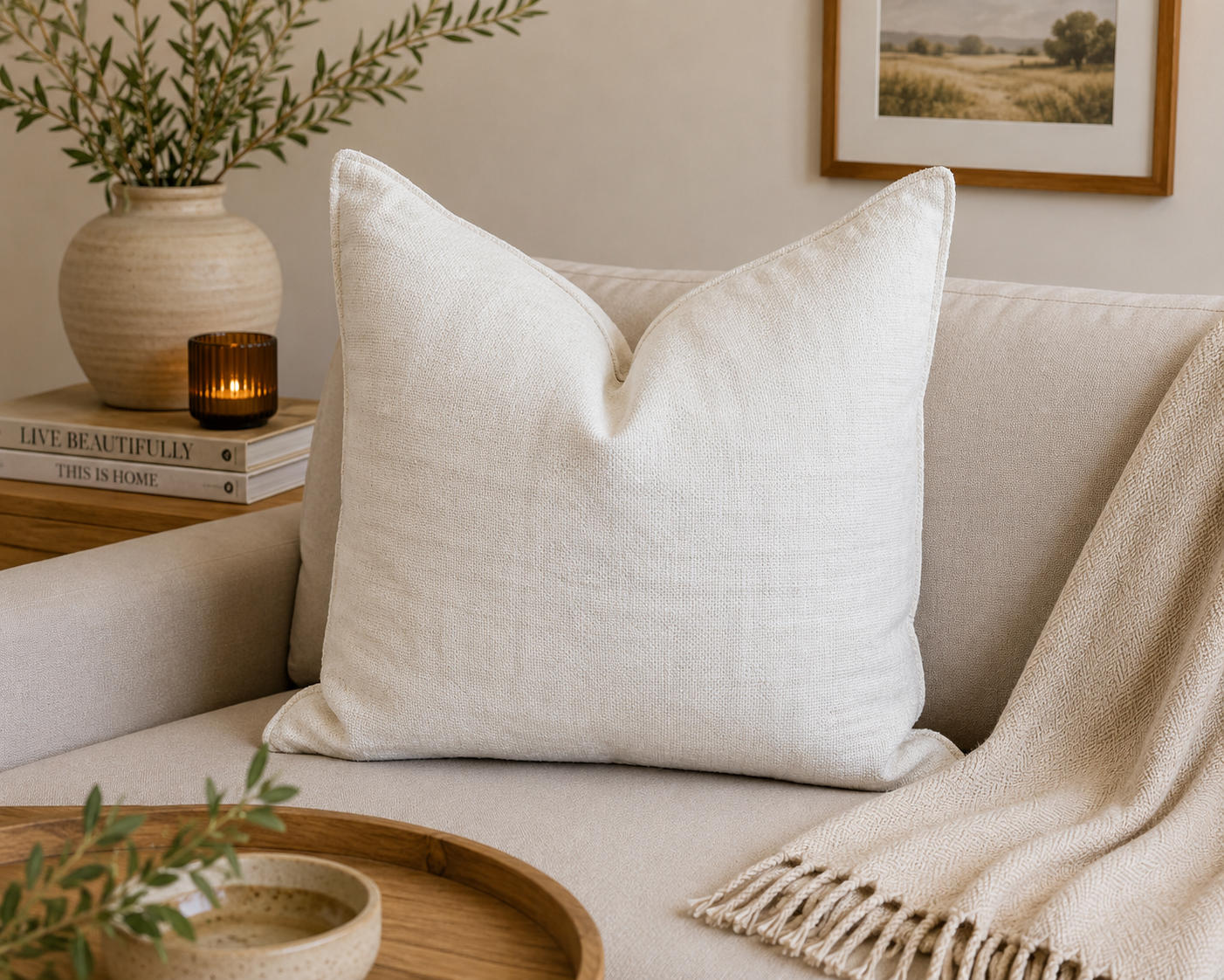 Coussin décoratif blanc cassé texturé dans une ambiance douce et chaleureuse, posé sur un canapé beige avec décoration naturelle et style intérieur élégant et apaisant.