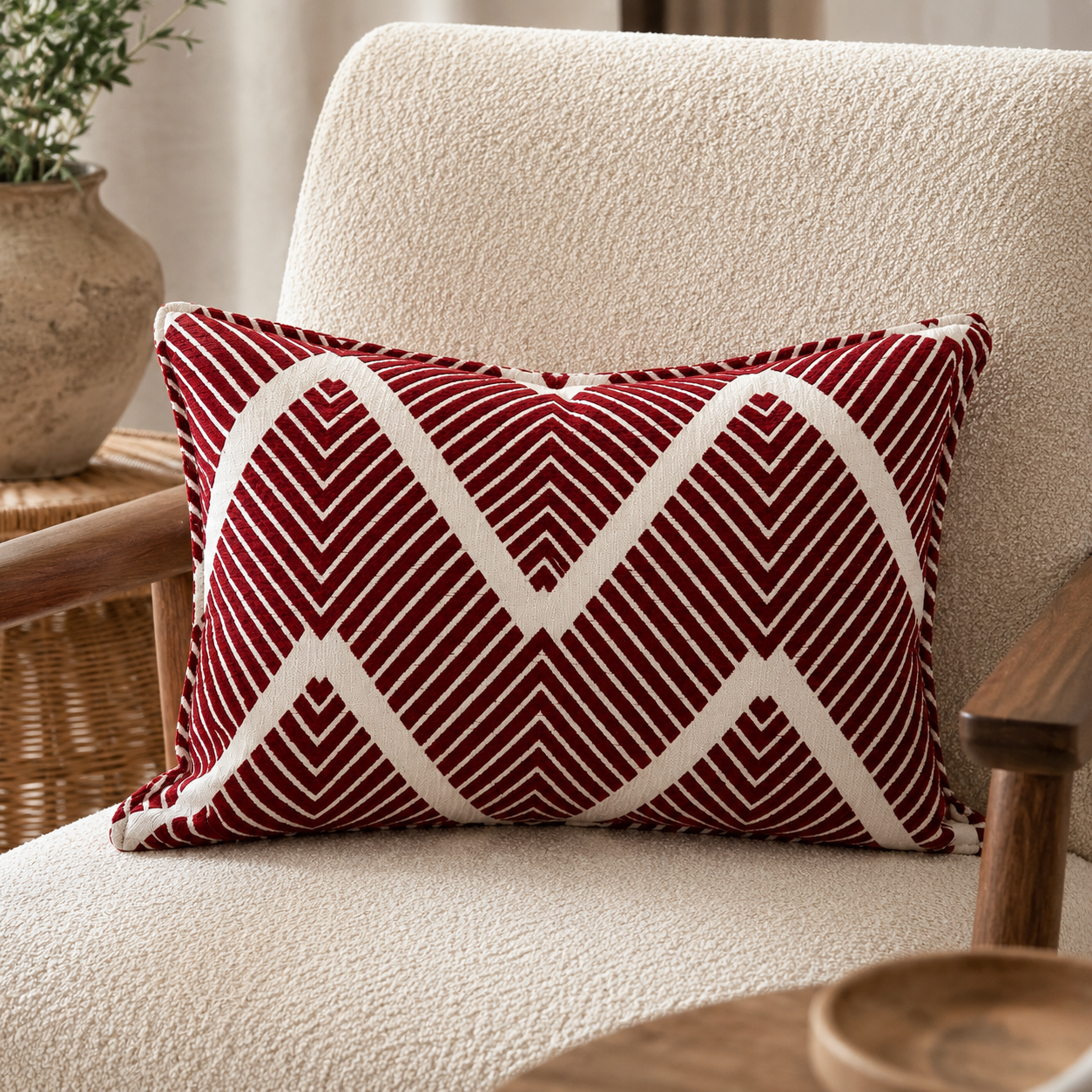 Coussin rectangulaire bordeaux et écru à motif géométrique dans une ambiance chaleureuse et élégante avec fauteuil texturé et décoration naturelle.