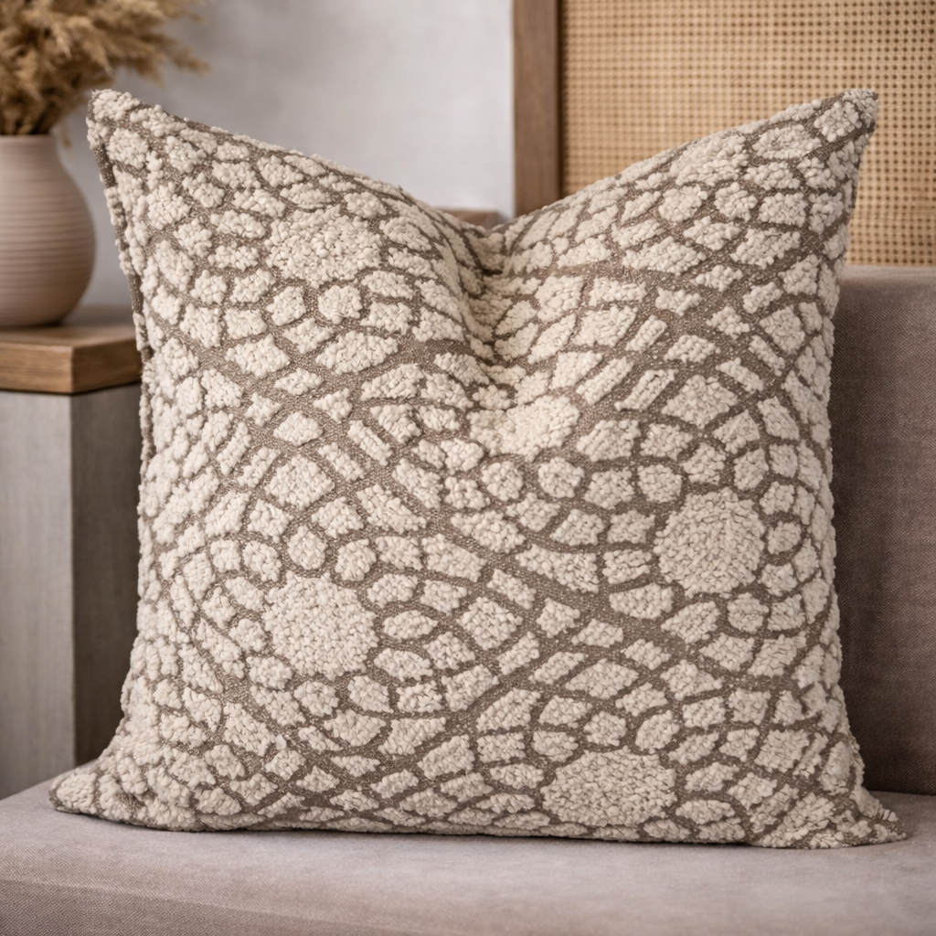 Coussin décoratif en tissu texturé à relief, motif organique écru sur fond taupe, présenté sur un canapé dans une ambiance élégante et naturelle.