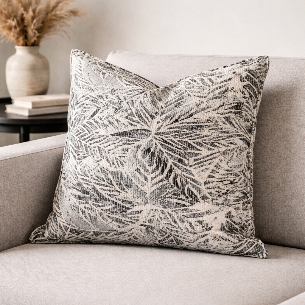 Coussin décoratif gris et blanc cassé en tissu tissé marocain à motif feuillage, mis en scène sur fauteuil dans une ambiance contemporaine et épurée.