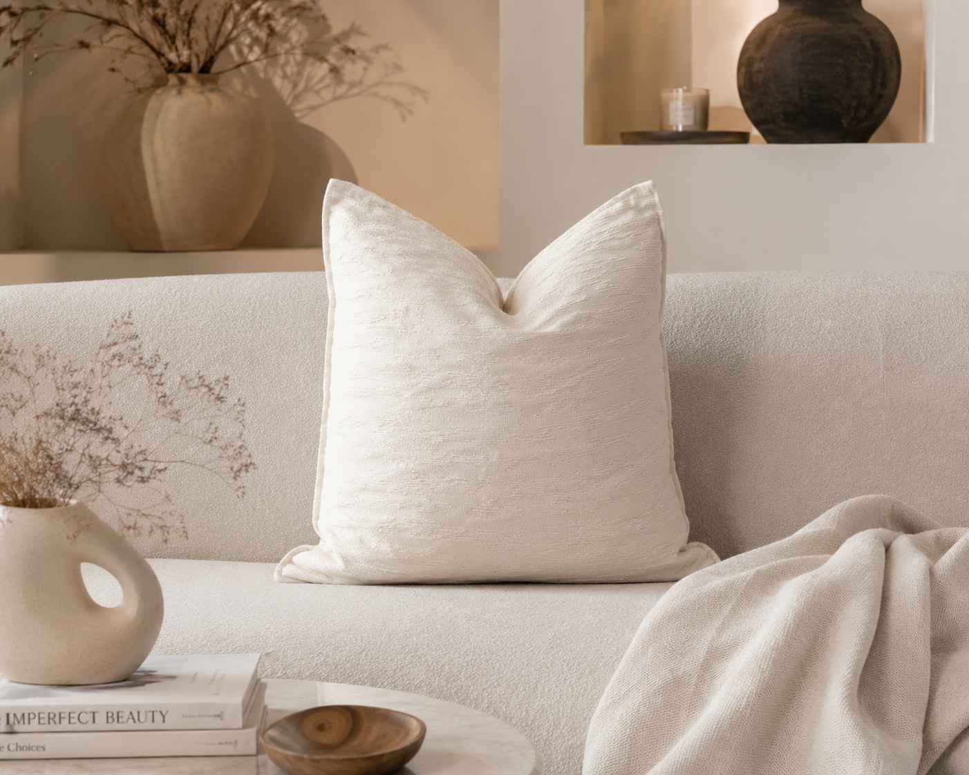 Coussin décoratif écru texturé dans une ambiance intérieure chaleureuse et minimaliste, avec canapé beige et décoration élégante aux tons neutres.