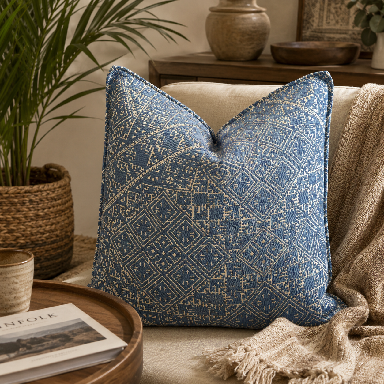 Coussin ethnique bleu à motif géométrique marocain dans une ambiance néobeldi chaleureuse avec décoration naturelle et canapé beige – Biyadi Collection.