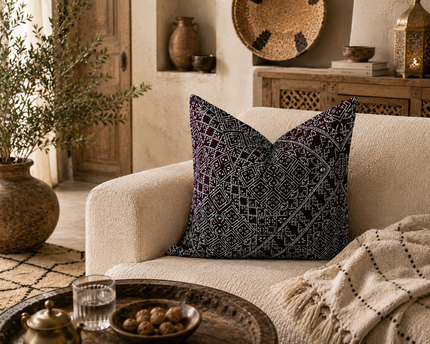 Coussin décoratif ethnique burgundy et blanc cassé dans une ambiance néobeldi chic avec fauteuil bouclette écru et décoration marocaine moderne.