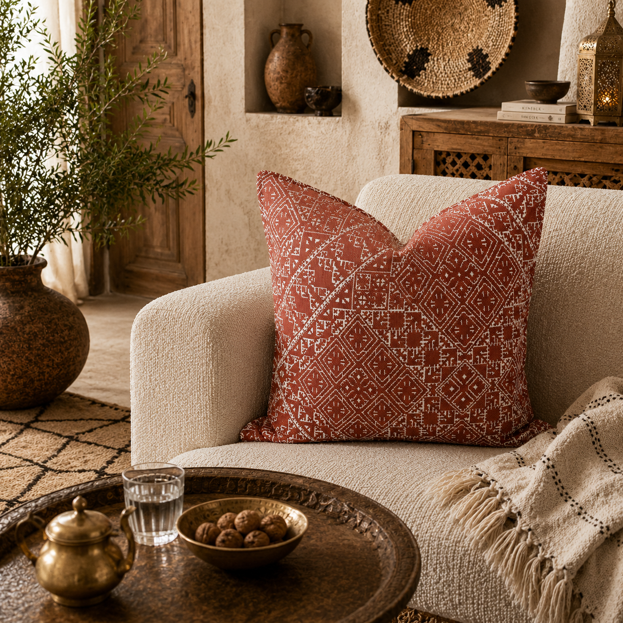Coussin décoratif néobeldi terracotta à motif ethnique marocain blanc, mis en scène dans un salon chaleureux aux tons naturels avec décoration artisanale chic.