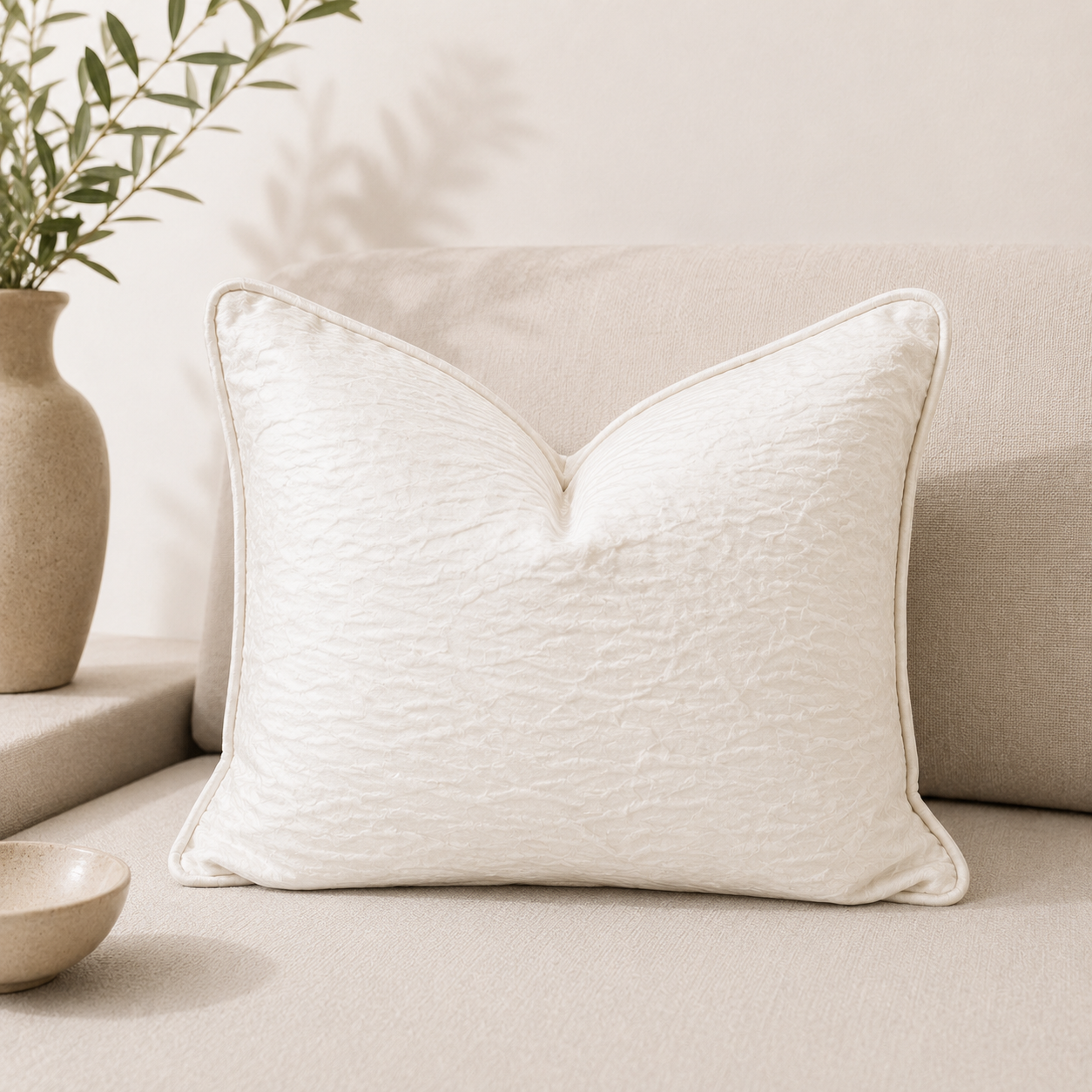 Coussin décoratif froissé écru posé sur un canapé beige dans un salon lumineux et chaleureux. Son tissu doux et sa finition passepoil apportent une touche cocooning et élégante à la décoration intérieure.
