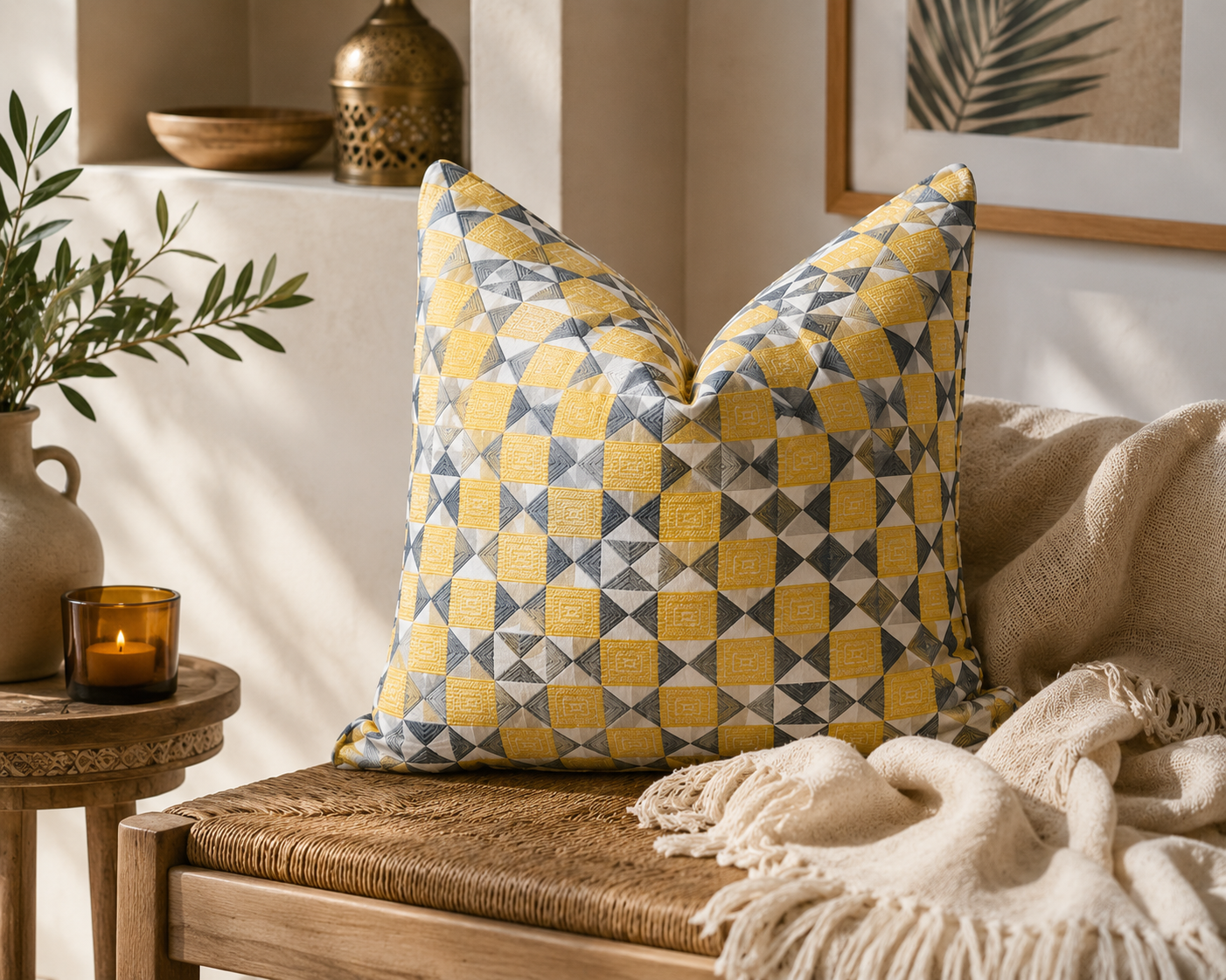 Coussin géométrique jaune et gris en tissu marocain tissé en relief dans une ambiance boho chic chaleureuse avec assise en rotin et décoration naturelle – Biyadi Collection.