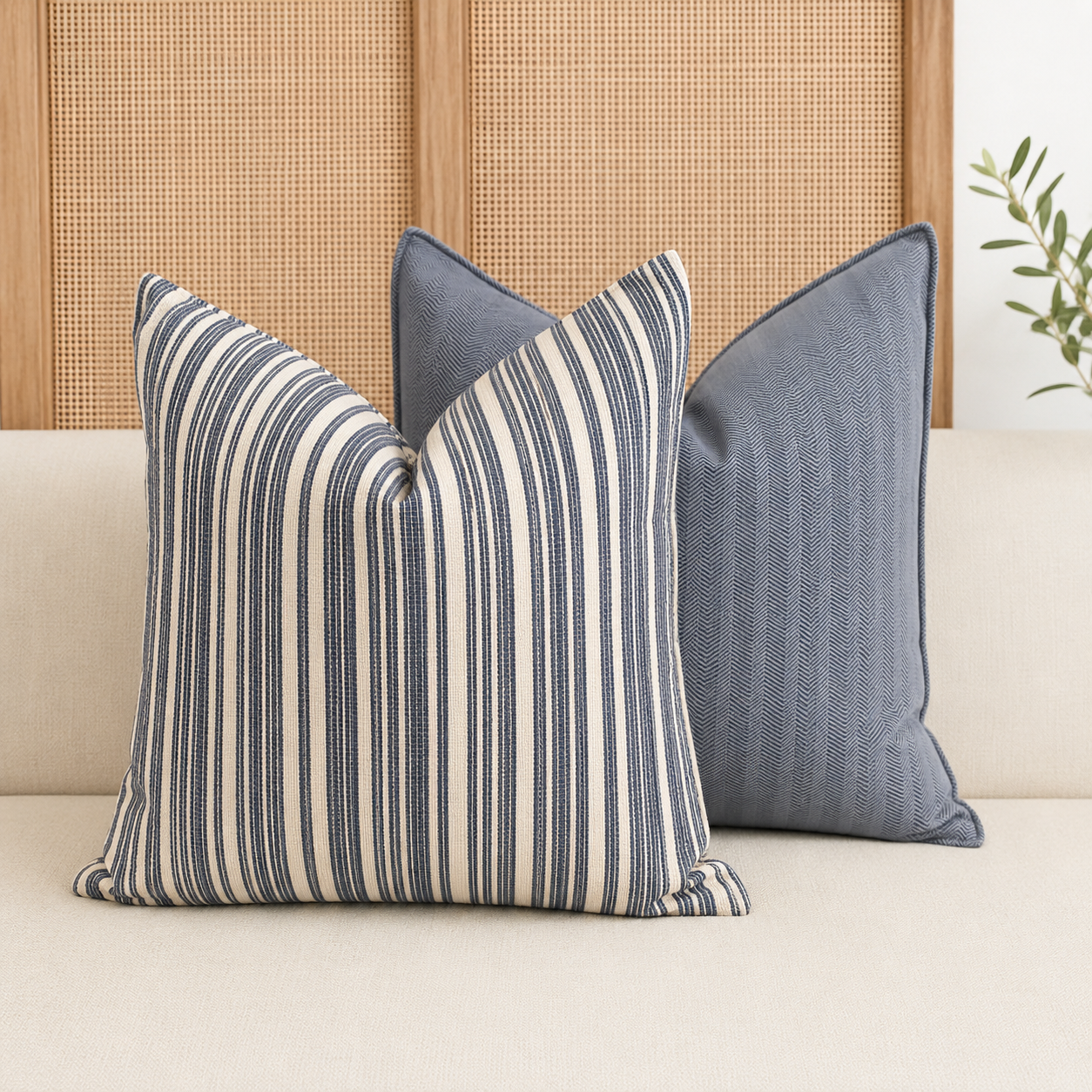 Coussin décoratif à rayures grises et écru associé à un coussin uni gris en tissu tissé au Maroc, présenté sur un canapé dans un intérieur contemporain.