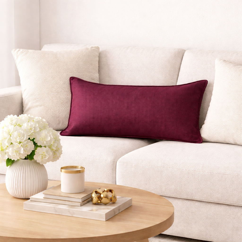 Coussin rectangulaire uni burgundy en tissu texturé, présenté dans une ambiance moderne et élégante