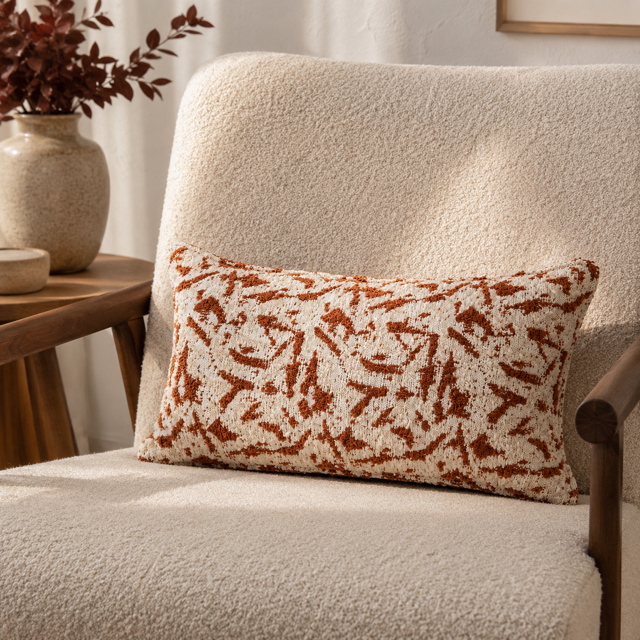 Coussin rectangulaire terracotta et écru à motif abstrait posé sur un fauteuil bouclette écru avec table en bois et décoration chaleureuse aux tons naturels.