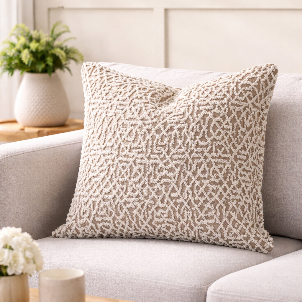 Coussin decoratif carre a motif geometrique texture ecru et taupe, mis en scene dans un salon lumineux au style moderne et haut de gamme