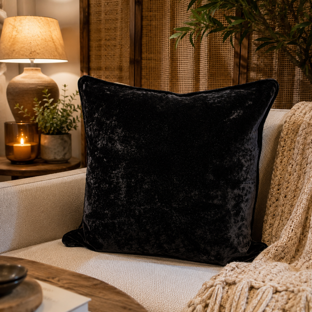 Coussin décoratif en velours noir profond dans une ambiance chaleureuse et élégante, posé sur un canapé beige avec décoration naturelle style chic.