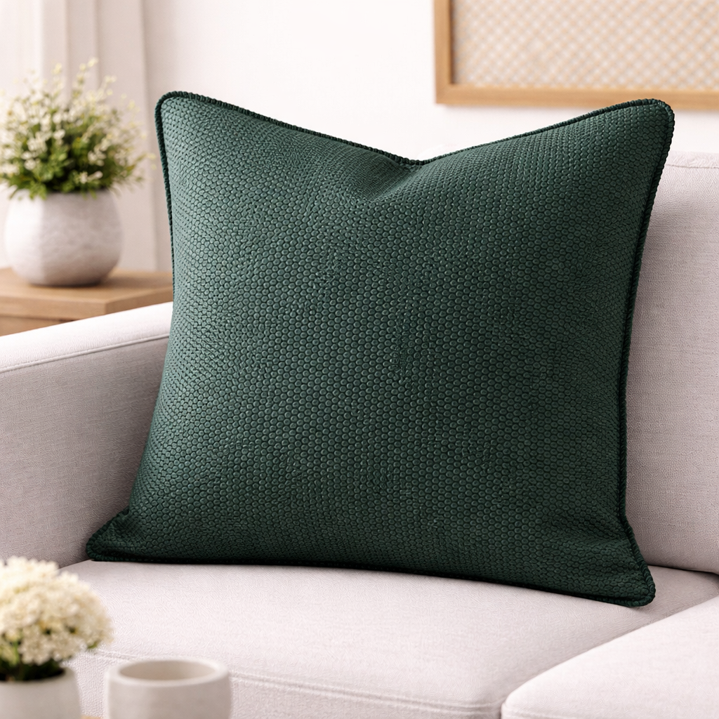 Coussin décoratif vert profond à texture en relief mis en scène dans un salon moderne