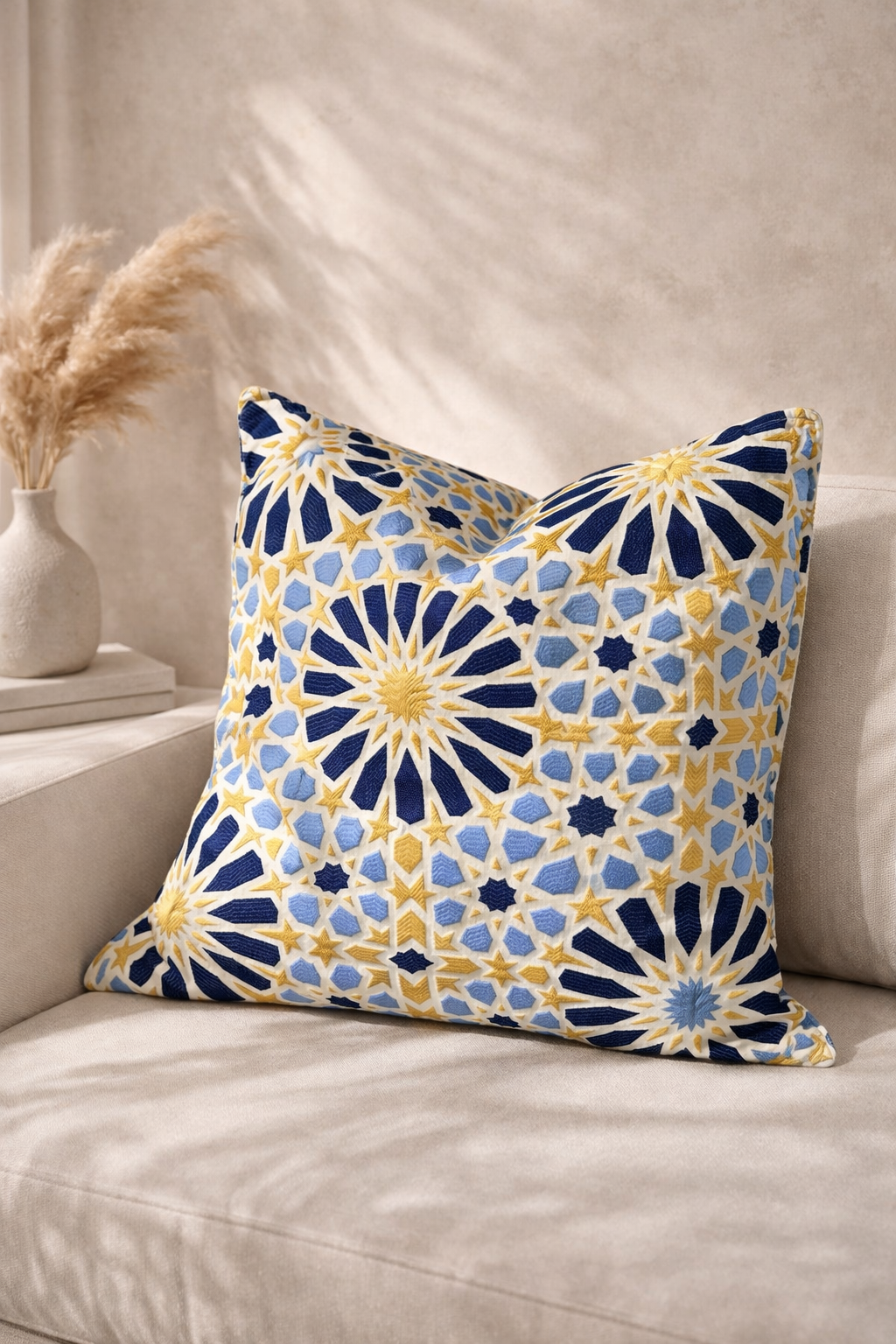 Coussin décoratif en tissu marocain tissé en relief, motif zellige bleu, jaune et blanc, dans un salon moderne lumineux