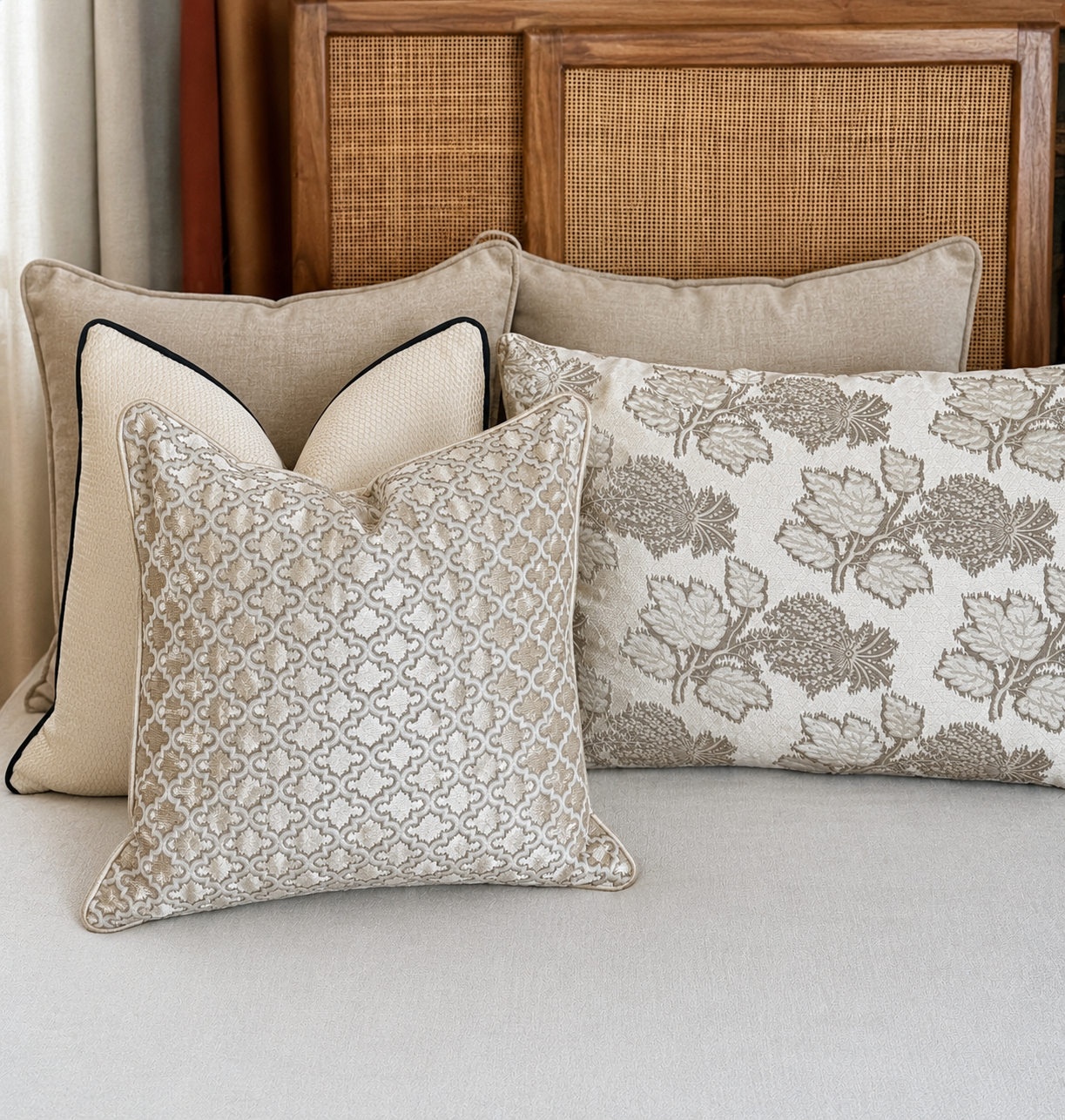 Composition de coussins décoratifs beige et écru avec motifs géométriques et feuillage, coordonnés sur une assise en tissu uni texturé, idéale pour un salon élégant et raffiné.