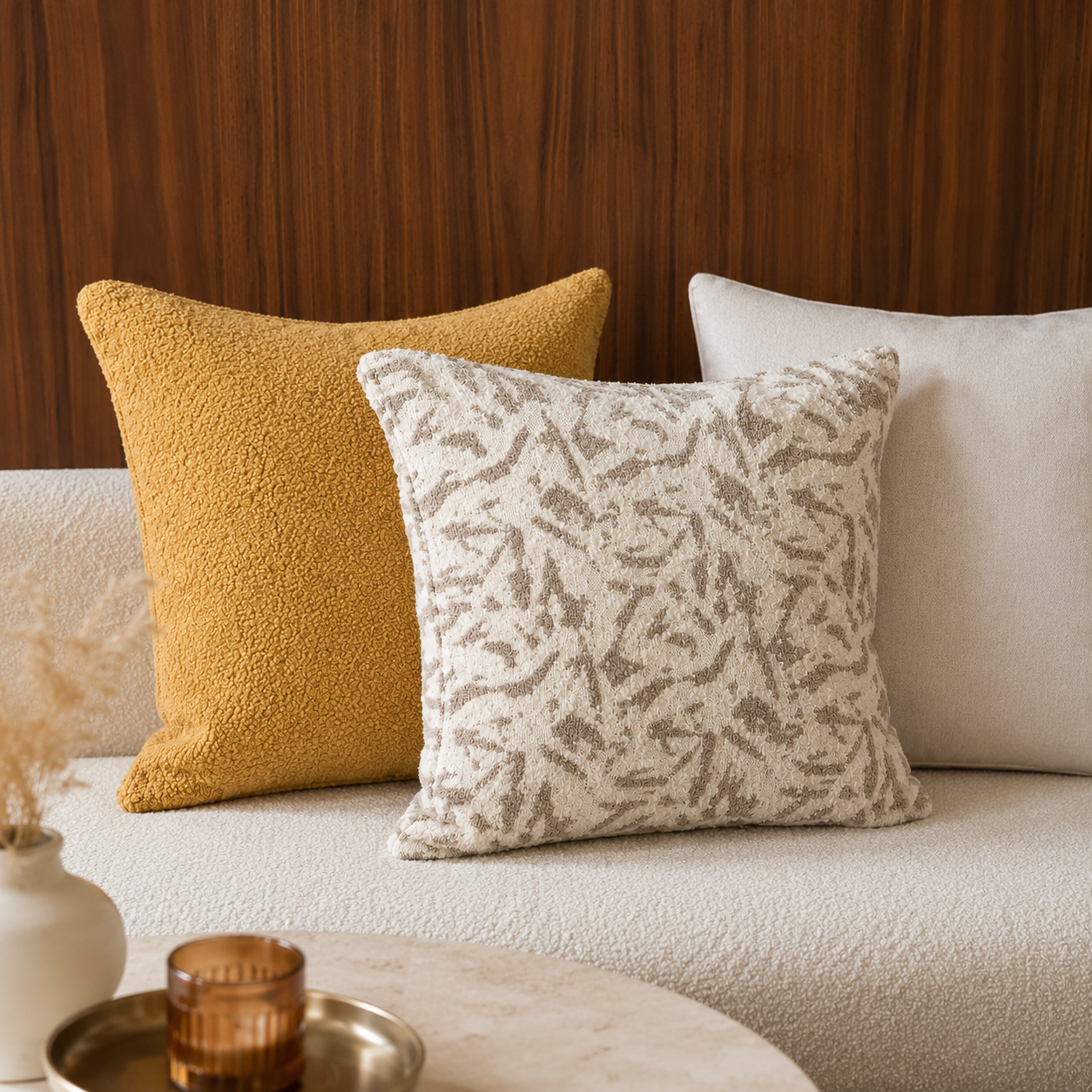 Coussins décoratifs pour salon moderne, comprenant un coussin bouclette jaune moutarde, un coussin uni écru et un coussin en bouclette en deux tons tissé en relief, fabriqués au Maroc par Biyadi Collection.