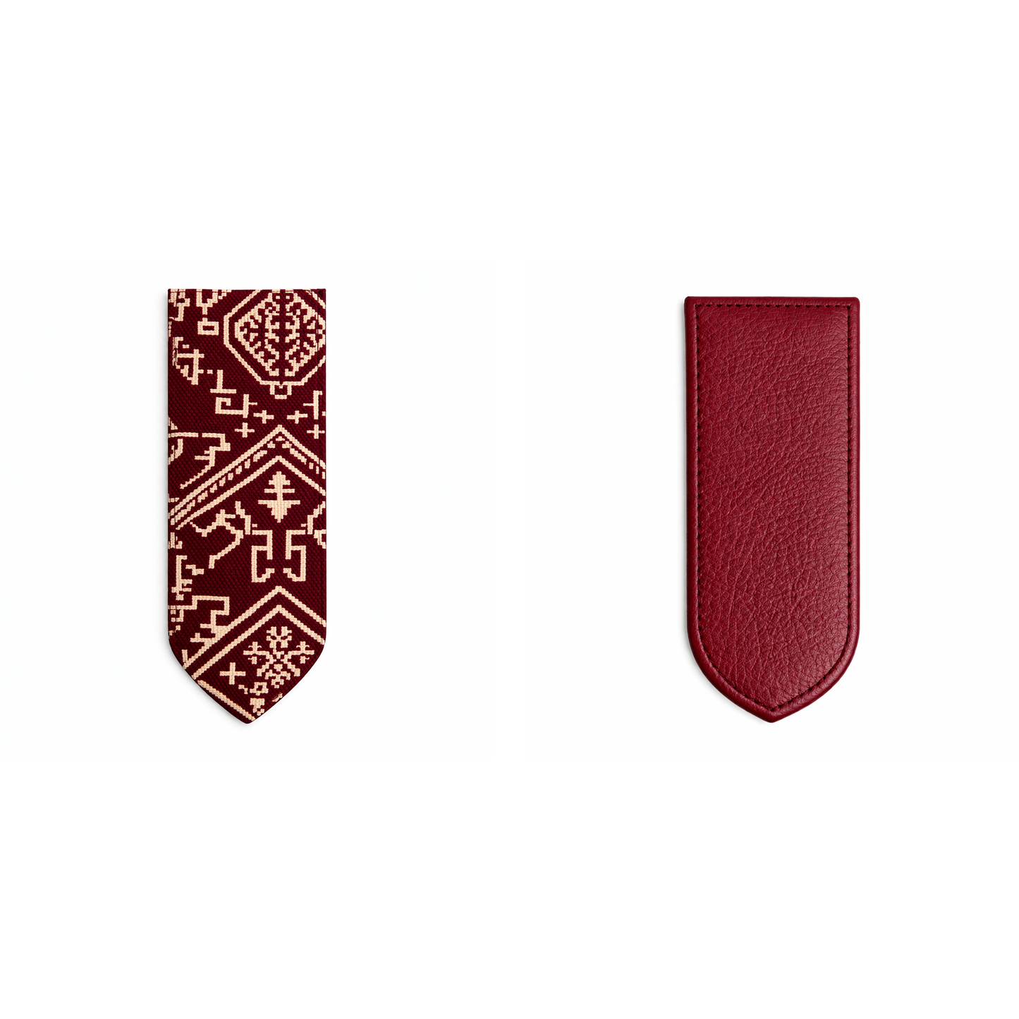 Marque-page réversible en tissu Tarz rouge à motifs géométriques et cuir rouge, présenté recto verso sur fond blanc.