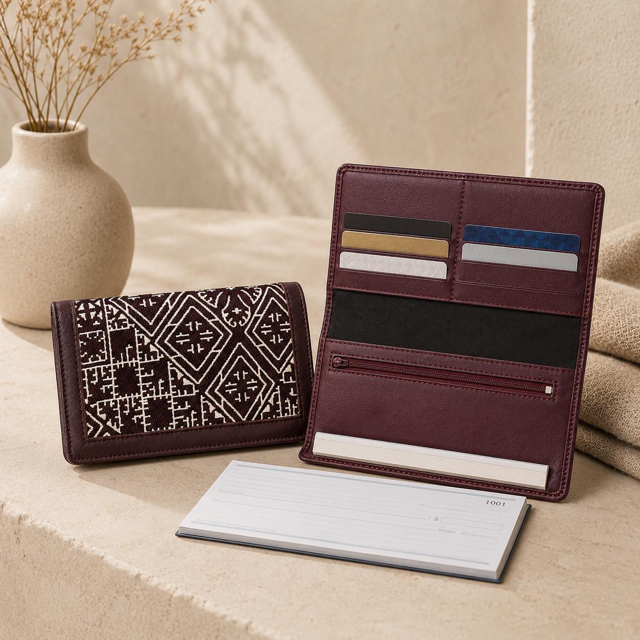 Porte-chéquier burgundy en tissu marocain et cuir, présenté ouvert avec cartes et chéquier, Biyadi Collection.