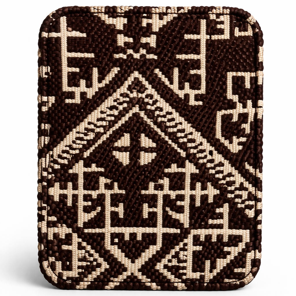 Dos du porte-cartes Biyadi Collection en tissu tissé marron à motif marocain géométrique, élégant, compact et fabriqué au Maroc.