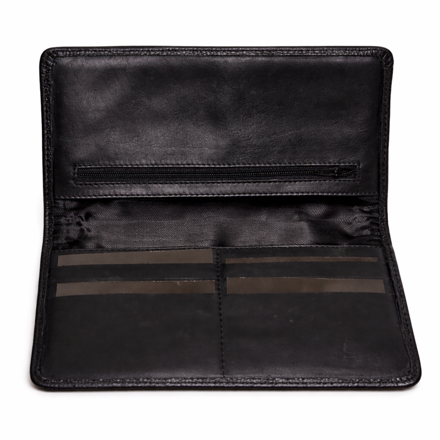Intérieur du porte-chéquier Biyadi Collection avec compartiments pour cartes et poche zippée en cuir noir.