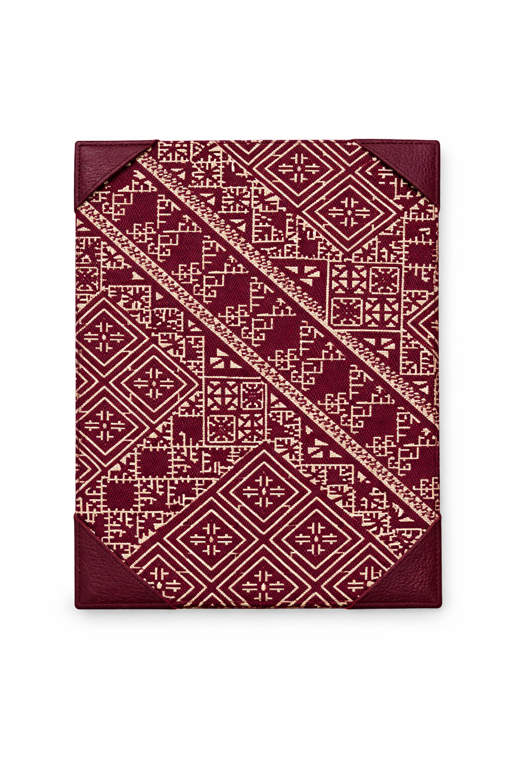 Porte-documents format A5 noir en tissu Tarz à motifs géométriques burgundy, avec finitions en cuir.