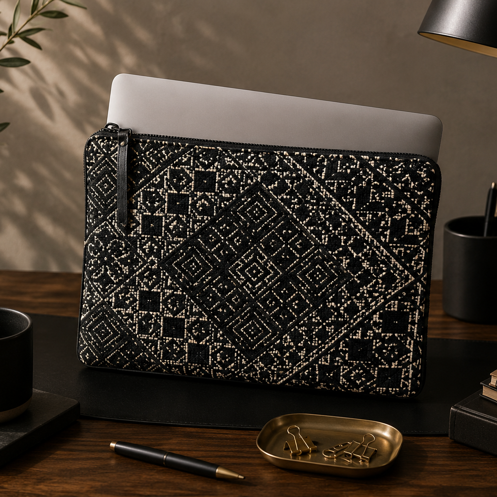 Porte-PC Biyadi Collection en tissu marocain tissé présenté dans une ambiance de bureau élégante.