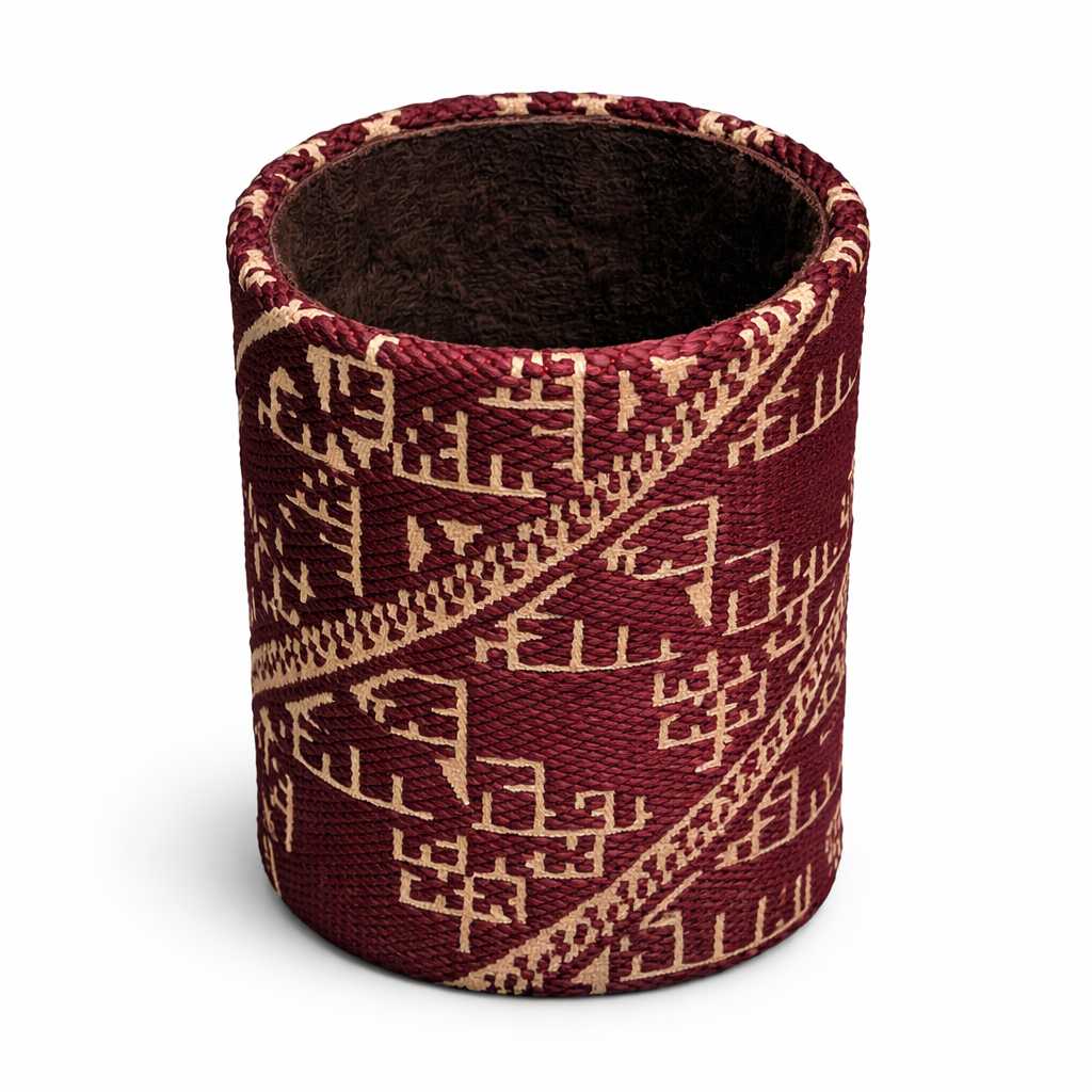 Pot à crayons bordeau en tissu Tarz à motifs géométriques écrus.