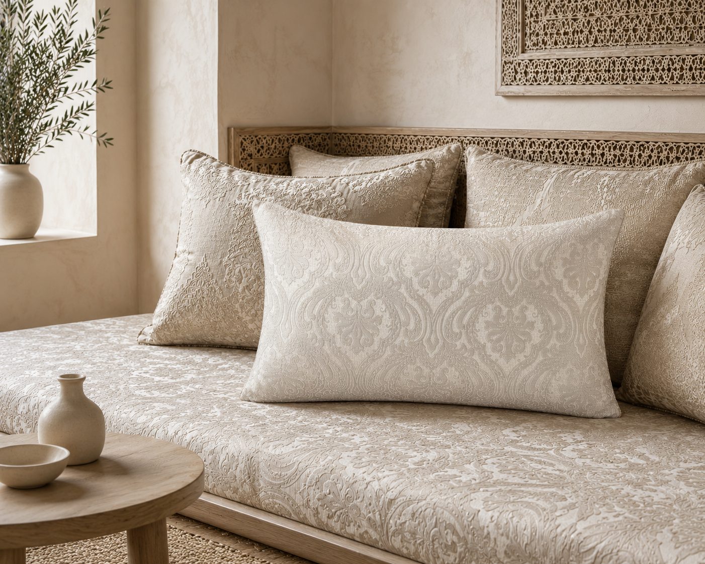 Salon marocain moderne habillé du tissu Majesté Marocaine blanc cassé, tissé au Maroc avec un motif damassé élégant en relief