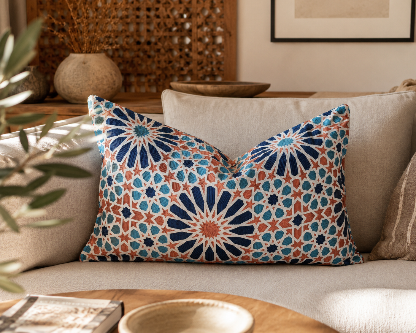 Cousssin décoratif rectangulaire à motif zellij traditionnel marocain