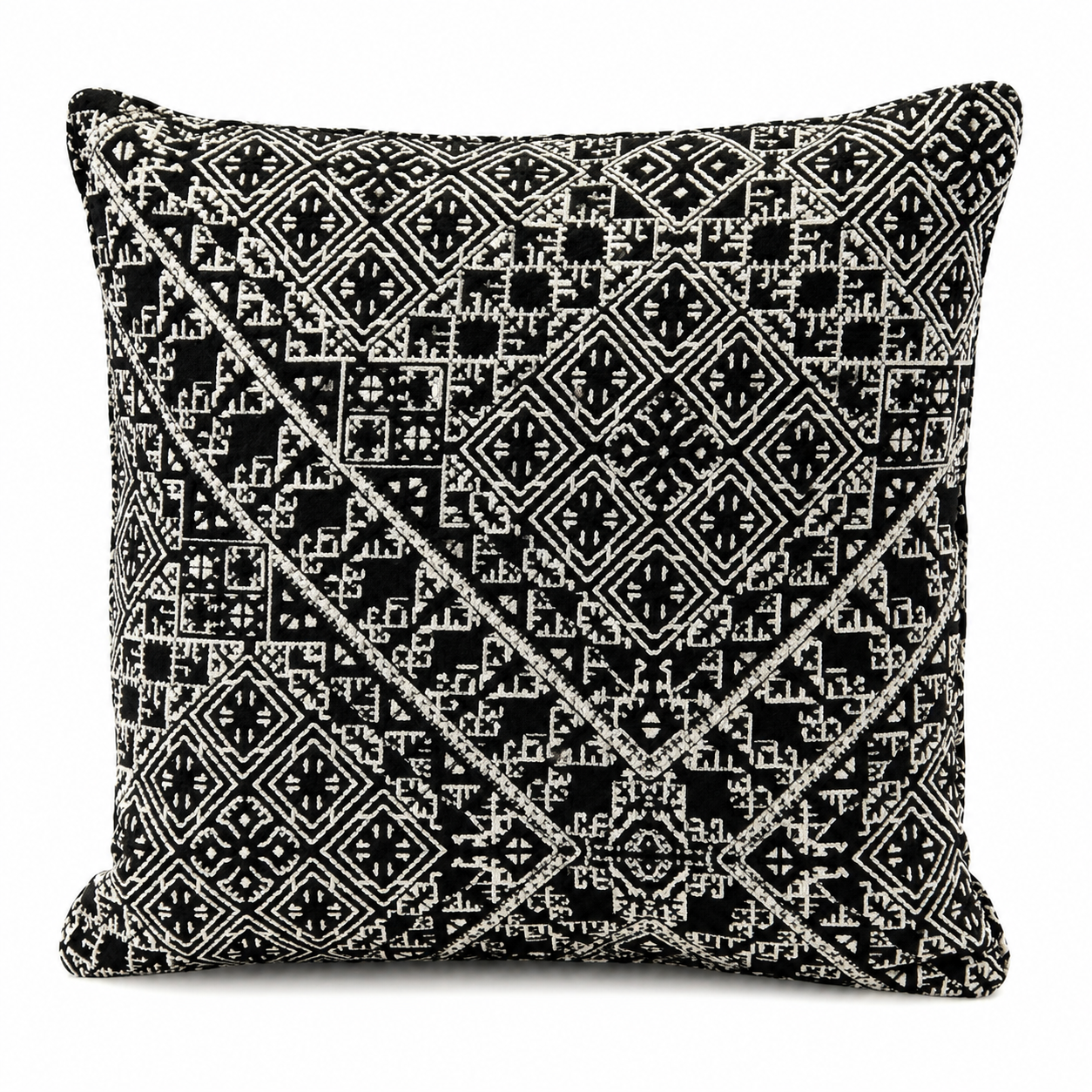 Coussin décoratif noir et blanc à motifs géométriques tissés en relief sur fond blanc, style néobeldi moderne pour salon élégant – Biyadi Collection.