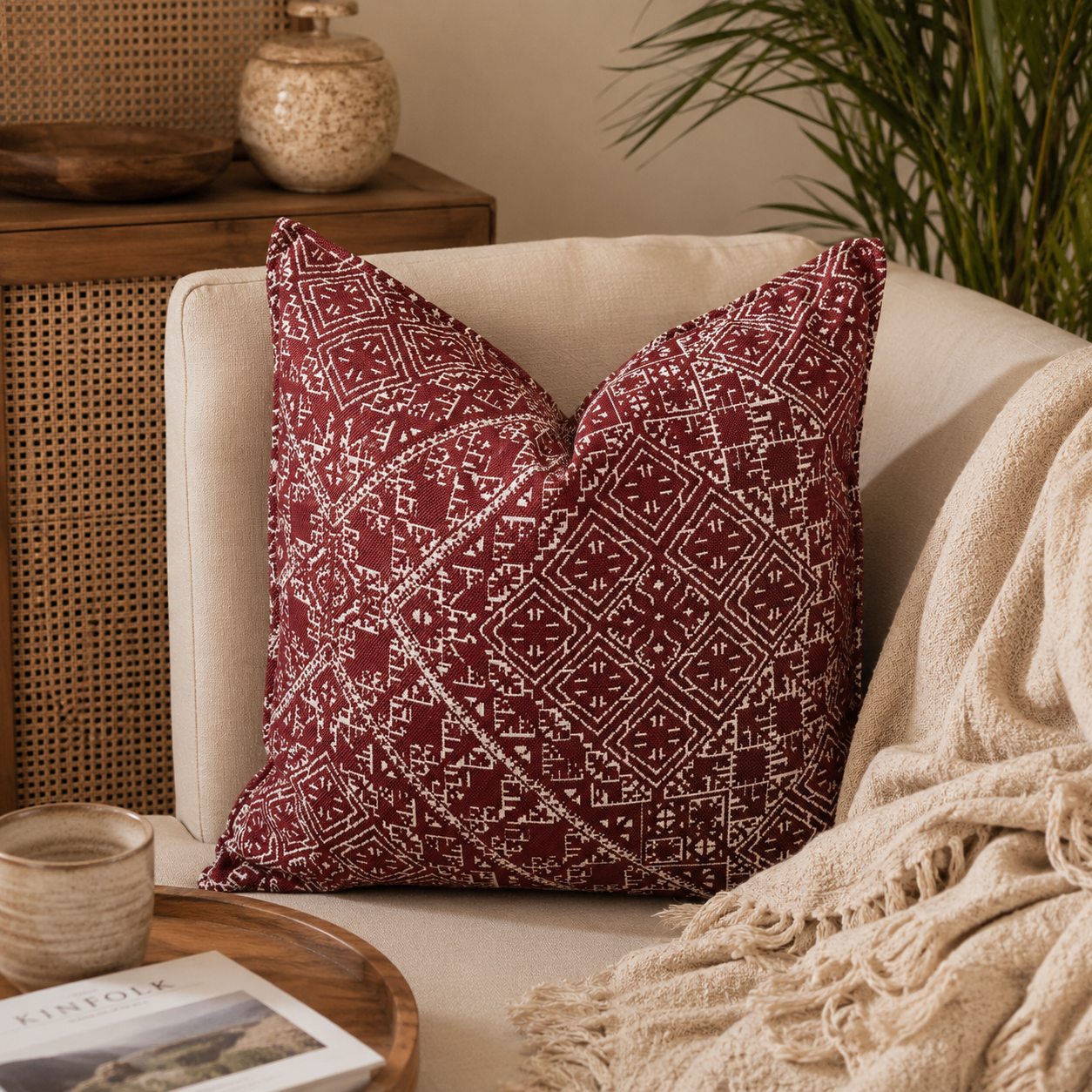 Coussin prune à motif géométrique marocain dans une ambiance chaleureuse et élégante avec canapé beige et décoration naturelle – Biyadi Collection.