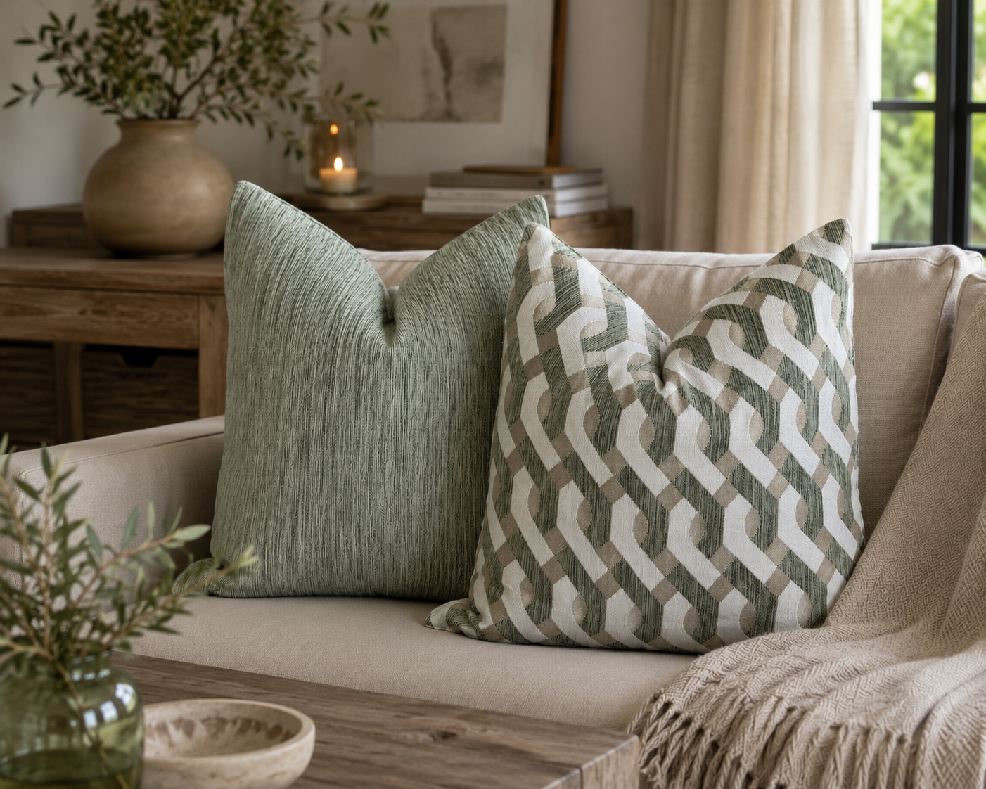 Ambiance élégante avec coussins décoratifs verts  et motifs géométriques verte beige et écru, disposés sur un canapé clair dans un intérieur chaleureux et naturel.