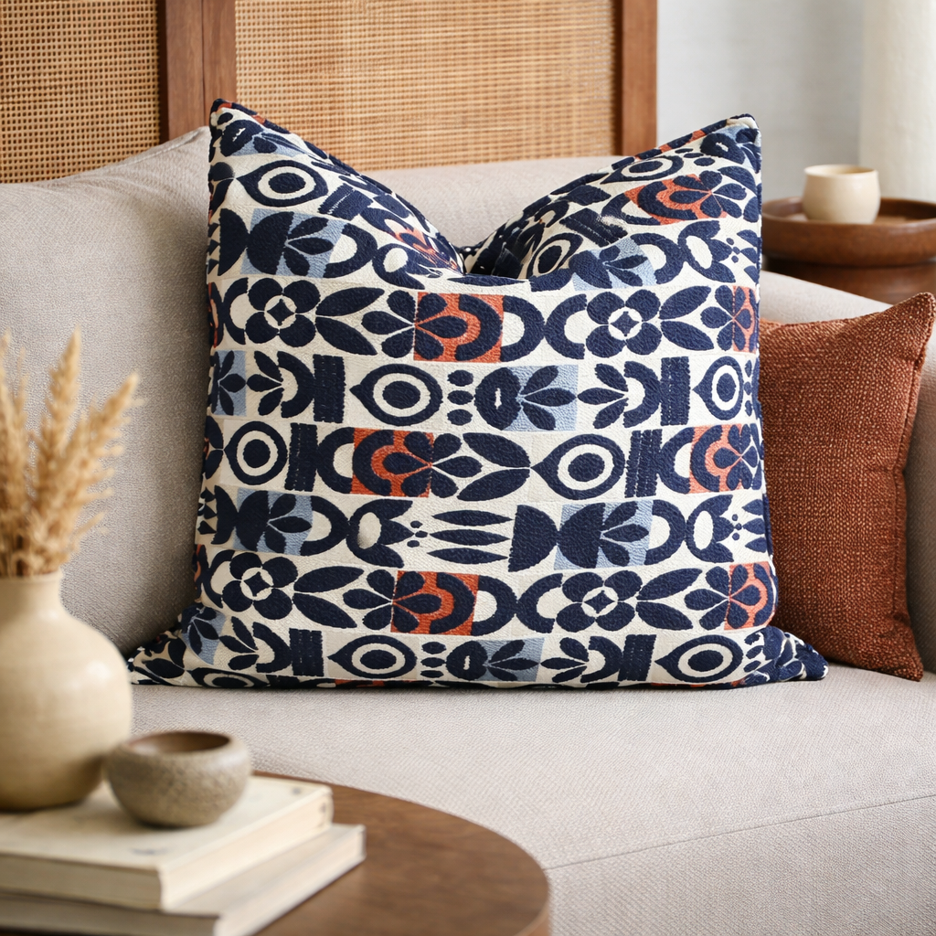 Coussin marocain bleu à motif floral dans un salon moderne, décoration élégante avec canapé beige et table en bois