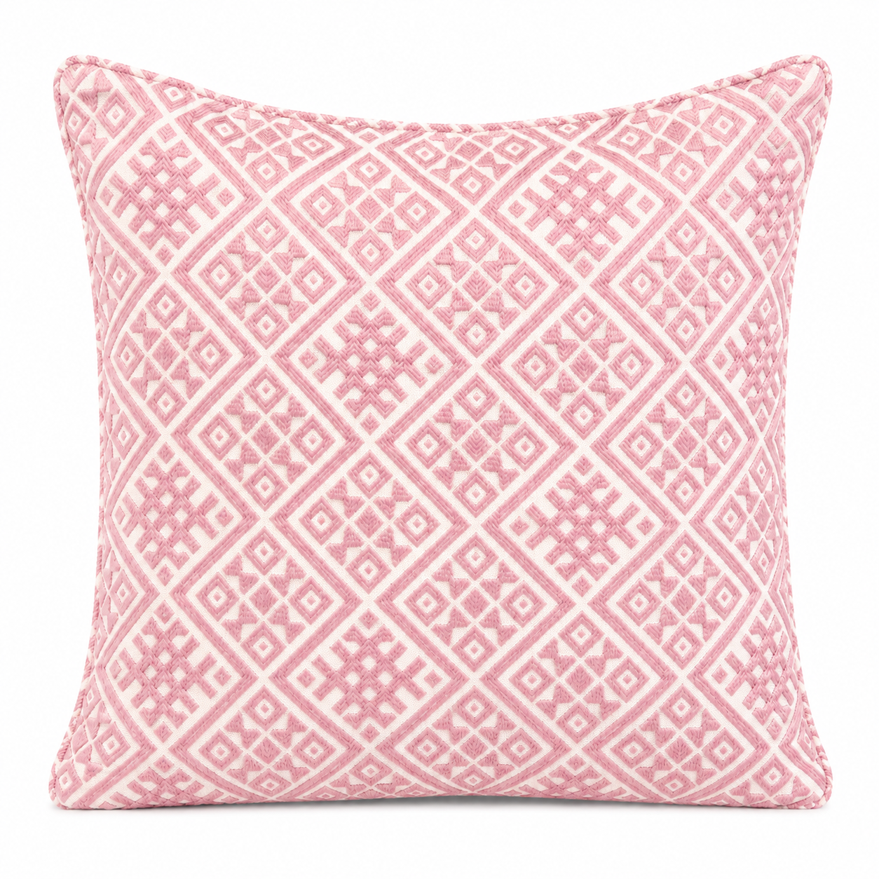 Coussin décoratif carré rose à motif géométrique marocain, tissé en relief .
