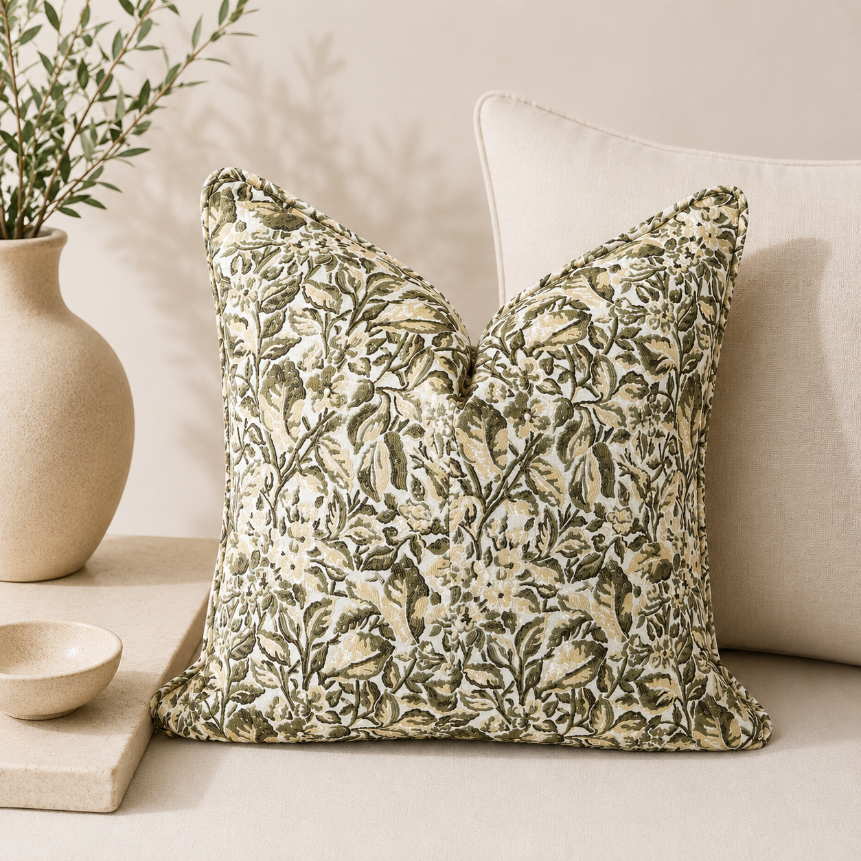 Coussin fleuri vert et beige