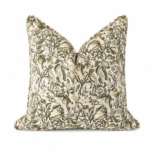 Coussin fleuri vert et beige