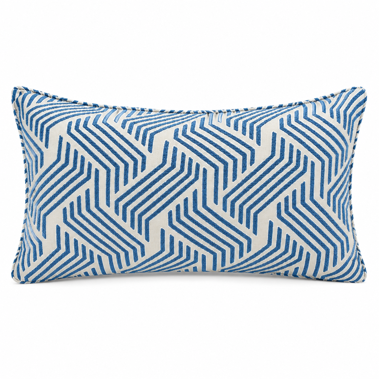 Coussin rectangulaire motif graphique bleu et écru